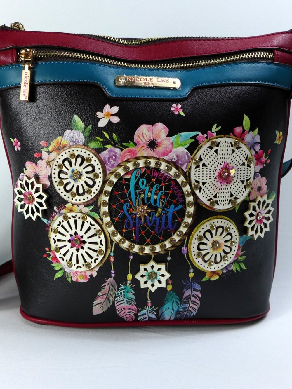 Nicole Lee colorful Dreamcatcher & Feathers 💎 Jeweled Crossbody purse